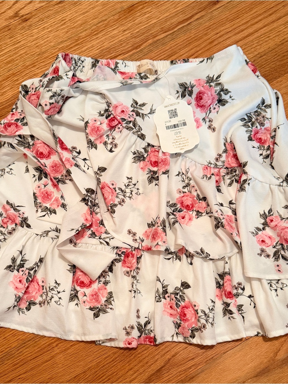 Floral Ruffle Tiered Skirt - White with Pink Roses